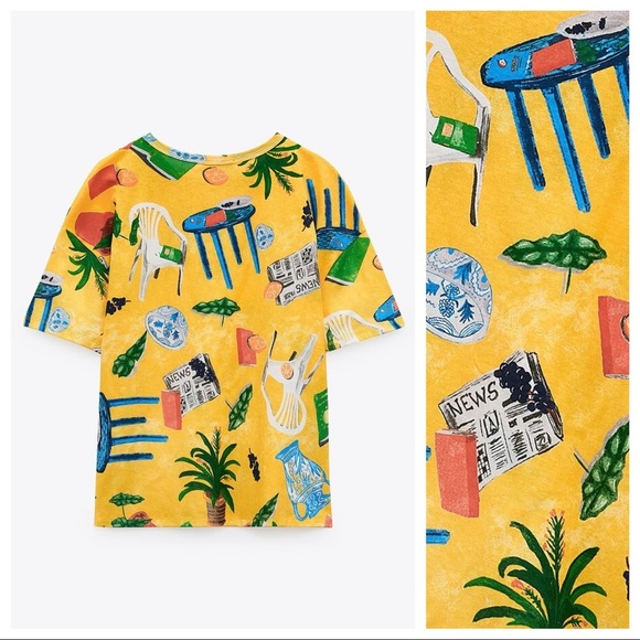 NWT. Zara Yellow Printed Short Sleeve T-shirt. Size L. - Picture 4 of 7